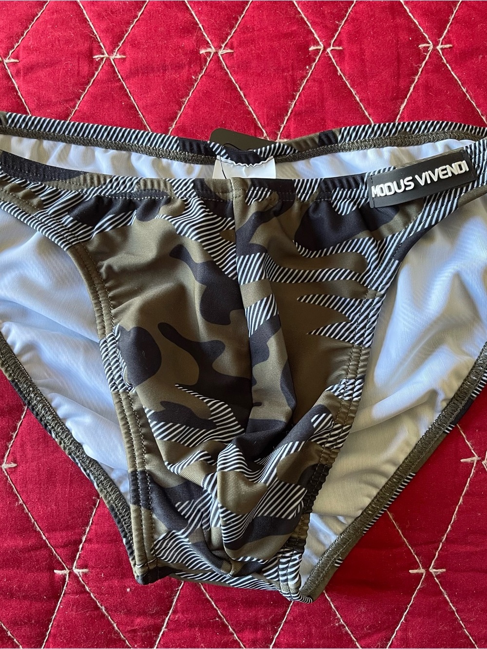 Modus Vivendi -Olive Camo Swim Brief. Mens: Medium.